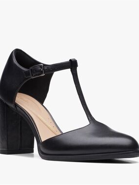 Clarks Black T-Strap Block Heel Pump